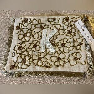 Gold and White Beaded Monogram Clutch